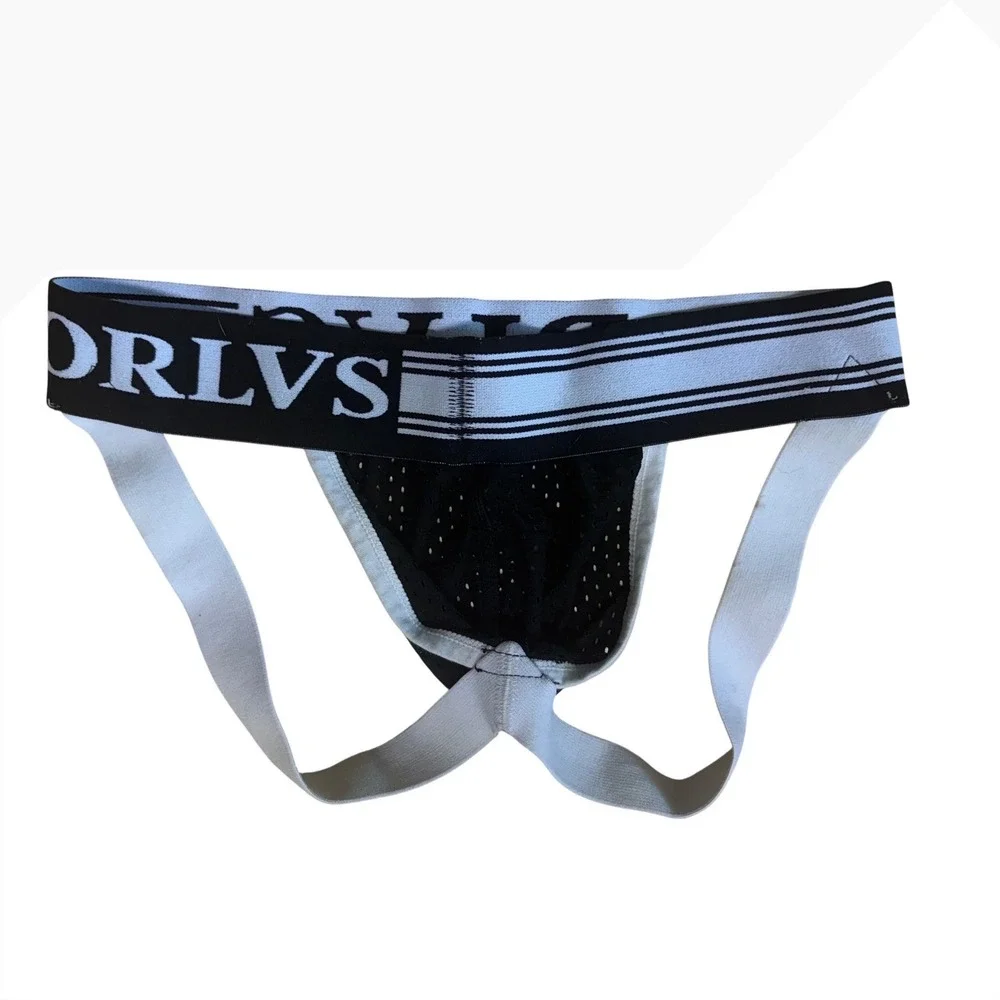 ORLVS Mens Black Mesh Jockstrap Athletic Supporter Underwear White‎ Logo M